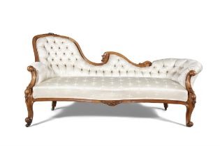 A VICTORIAN WALNUT AND BUTTON BACK UPHOLSTERED SCROLL-END SETTEE, covered in a cream damask