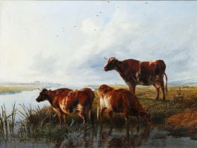 ATTRIBUTED TO THOMAS SYDNEY COOPER Cattle by the Riverside Oil on canvas, 29.5 x 39.5cm Signed