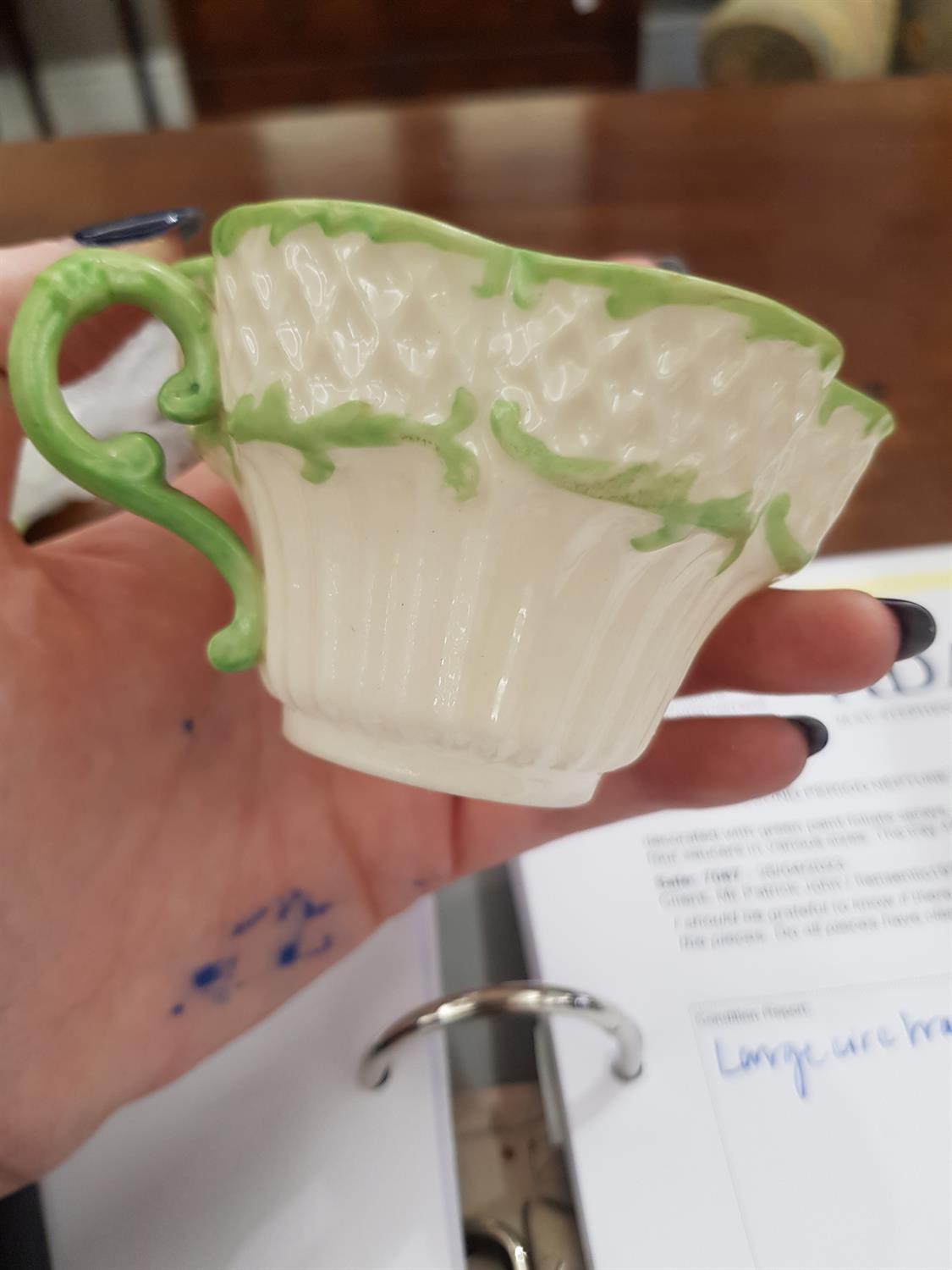 A BELLEEK SECOND PERIOD ERNE PATTERN PART TEA SERVICE decorated with green paint foliate sprays, - Image 11 of 24