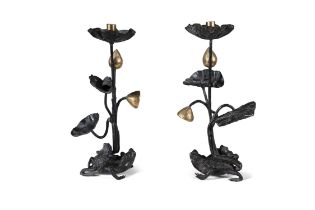 A PAIR OF SINO-FRENCH BRONZE AND GILT FROG AND LILY CANDELABRA, 40cm high Provenance: