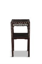 A CHINESE HARDWOOD AND MOTHER OF PEARL INLAID TWO-TIER TABLE, the rectangular top and uprights