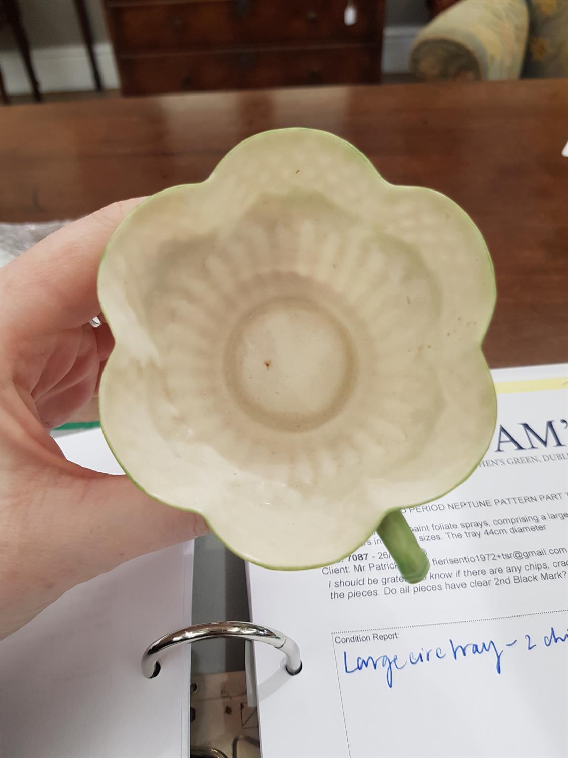 A BELLEEK SECOND PERIOD ERNE PATTERN PART TEA SERVICE decorated with green paint foliate sprays, - Image 10 of 24