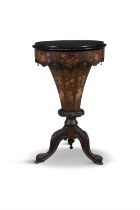 A VICTORIAN MARQUETRY SEWING TABLE, the hinged circular top opening to fitted interior with