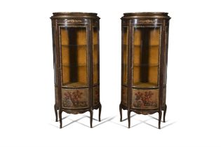 A PAIR OF FRENCH VERNIS MARTIN ORMOLU MOUNTED DISPLAY CABINETS, each of bowed upright form,