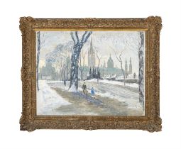 FRENCH SCHOOL LATE 19TH CENTURY Winter Townscape with Two Figures Oil on canvas,