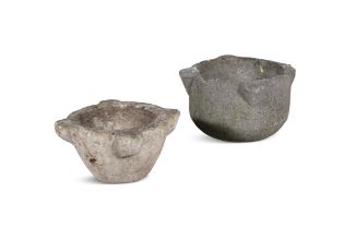 A CARVED MARBLE MORTAR, 19TH CENTURY 30cm diameter; and a larger limestone mortar. 33cm diameter