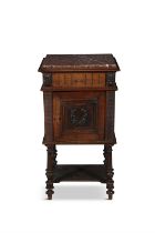 A VICTORIAN MARBLE TOP BEDSIDE LOCKER single drawer, with cupboard raised on turned legs.