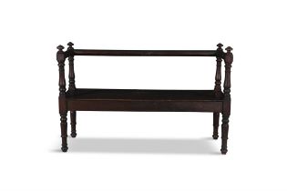 A LONG MAHOGANY HALL BENCH, with rail back, ring turned upright side supports and solid panel