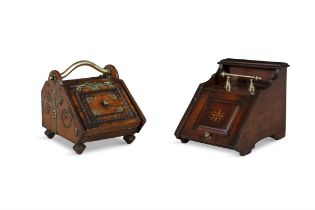 TWO MAHOGANY SLOPEFRONT COAL SCUTTLES fitted with brass carrying handles. 37.5cm high, 37cm wide,