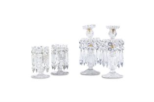 A PAIR OF CUT GLASS LUSTRES, (one damaged) together with a pair of small glass lustres. (4)