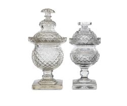 AN IRISH CUT GLASS PEOPLE PEDESTAL URN AND COVER, 19th century, the domed top with mushroom