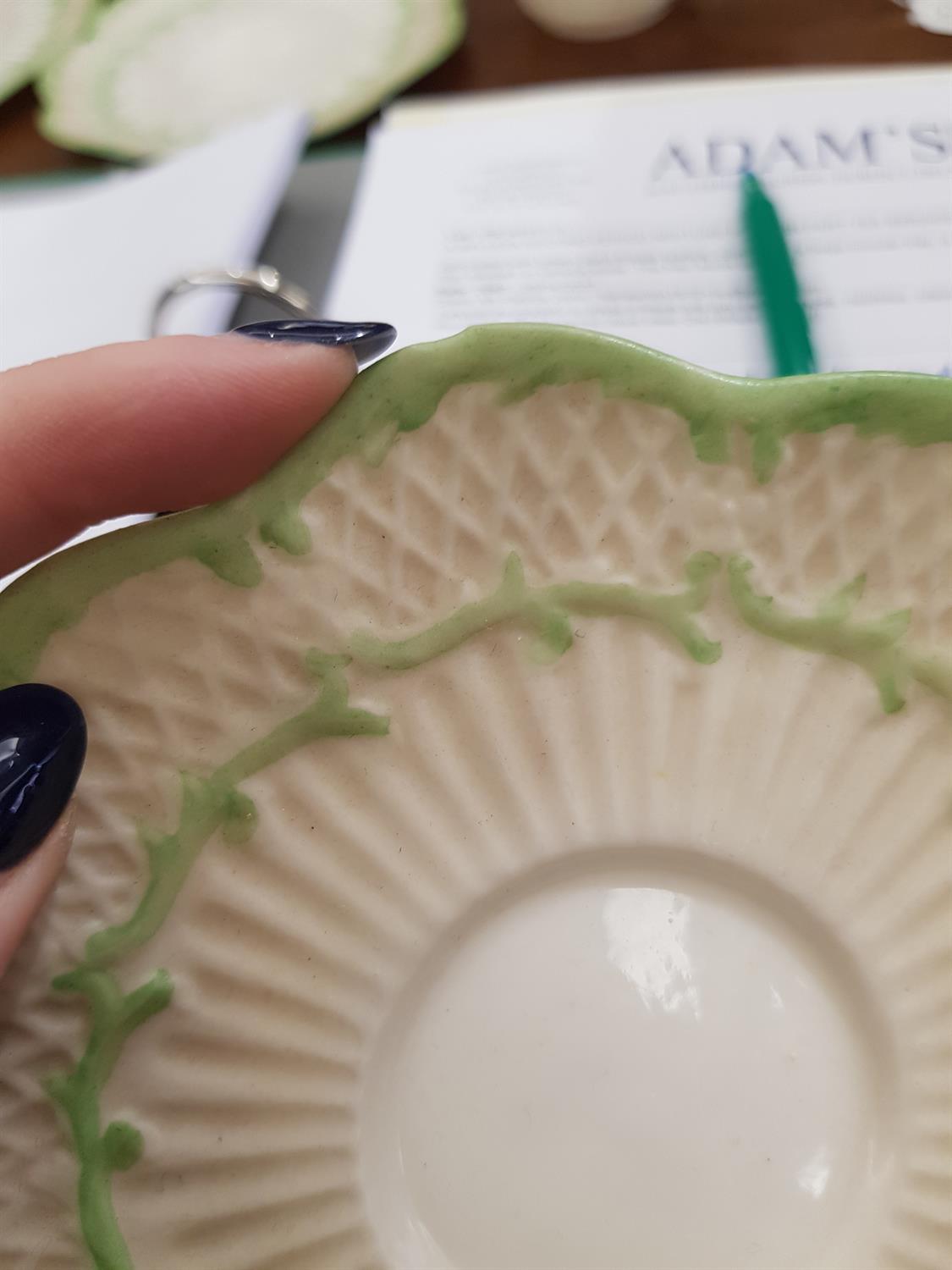 A BELLEEK SECOND PERIOD ERNE PATTERN PART TEA SERVICE decorated with green paint foliate sprays, - Image 22 of 24