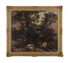 J. RUDERS (19THE CENTURY) Sheep grazing under a tree, in a rocky moonlit landscape Oil on board,