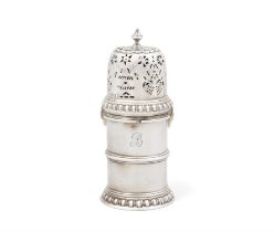 A HEAVY SILVER CYLINDRICAL SUGAR SHAKER, New York and London, mark of Crichton Bros.