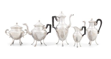 A FRENCH 20TH CENTURY TEA AND COFFEE SERVICE Of white metal and baluster form,