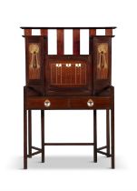 AN ARTS & CRAFTS INLAID MAHOGANY AND FRUITWOOD SECRETAIRE, designed by George Montgomery