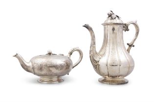 A PAIR OF SILVER-PLATED TEA AND COFFEE POTS, the teapot of squashed melon form,