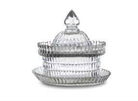 AN IRISH GEORGE III GLASS OVAL BUTTER DISH AND COVER, on associated stand, the domed top with