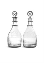 A PAIR OF FULL SIZE BLOWN AND MOULDED MALLET SHAPED DECANTERS c.1800, probably Waterford each