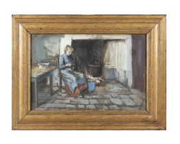 E. HUNTER Figure by a Hearth Oil on board, 29 x 44cm Signed lower right