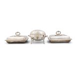 A SET OF THREE SILVER PLATED TABLEWARES, comprising a pair of entrée dishes with covers of