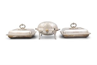 A SET OF THREE SILVER PLATED TABLEWARES, comprising a pair of entrée dishes with covers of