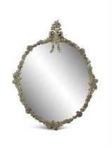 A FRENCH GILT BRASS OVAL WALL MIRROR, MID 20TH CENTURY, surmounted with ribbon tie,