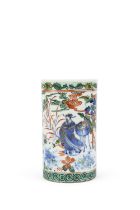 A BLUE AND WHITE CYLINDRICAL ‘SCHOLAR IN THE GARDEN’ BRUSH POT 晚明-清初 青花后加彩訪仙圖筆筒 China,