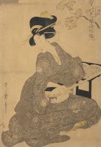 KITAGAWA UTAMARO 喜多川歌麿 (Japan, 1752-1806) Courtesan playing Samisen Oban tata-e / woodblock