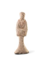 A GREY POTTERY FIGURE OF A FEMALE ATTENDANT 漢 彩繪女陶俑 China, Han Dynasty (206 BC-AD