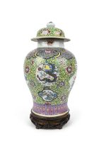 A FAMILLE ROSE BALUSTER JAR AND COVER 晚清-民國 粉彩開光松鹿圖將軍罐 China, early 20th century.