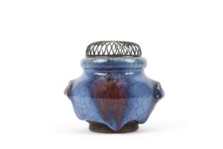 A PURPLE-SPLASHED JUN STYLE INCENSE BURNER WITH SILVER LID Covered by a thick layer of glaze in