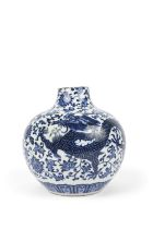 A BLUE AND WHITE ‘DRAGON AND LOTUS’ TIANQIU VASE 清代 青花龍穿蓮花天球瓶 China, 19th century.