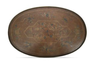 AN OVAL ‘BIRDS AND KNIGHT’ COPPER AND SILVER INLAID TRAY Vietnam, circa 1900s-1930s centred