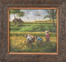 VIETNAMESE SCHOOL, 20TH CENTURY The Gleaners Oil on canvas, 30.3 x 33.2 Signed and