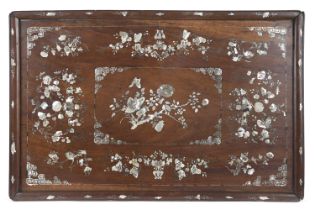 AN UNUSUAL AND VERY LARGE MOTHER OF PEARL INLAID ‘FLOWERS’ WOODEN TRAY Vietnam, Tonkin, Nam Dinh,