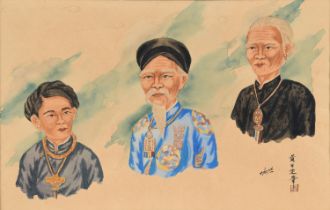 VIETNAMESE SCHOOL, 20TH CENTURY Portrait of Three Important Figures Watercolor on paper,