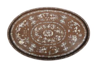 AN OVAL AND LARGE MOTHER OF PEARL INLAID ‘FIGURES AND LANDSCAPE’ WOODEN TRAY Vietnam, Tonkin,