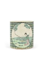 A FAMILLE VERTE CYLINDRICAL BRUSH POT, MARK AND PERIOD OF KANGXI 清康熙 素三彩西施浣紗筆筒 China,