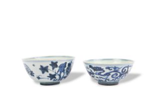 A GROUP OF TWO BLUE AND WHITE BOWLS, ONE MARKED TIAN XIA TAI PING (PEACE FOR ALL) China for