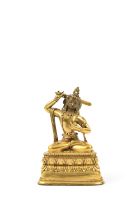 A GILT BRONZE FIGURE OF MANJUSHRI 西藏 19世紀 銅鎏金文殊菩薩坐像 Tibet, 19th century. modelled seated