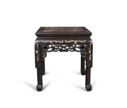 A MARBLE-INSET MOTHER-OF-PEARL-INLAID SQUARE STOOL AND A HARDWOOD CARVED STOOL 中國20世紀