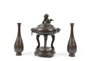A SET OF THREE PIECES IN BRONZE WITH SILVER AND RED COPPER INCENSE BURNER Vietnam,