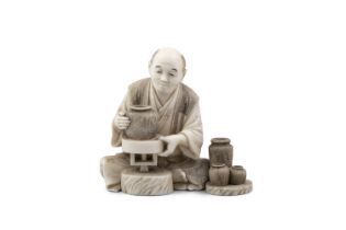 λ A CARVED IVORY OKIMONO, SIGNED SEIMEI Japan, Meiji period (1868-1912) Modelled as a potter