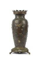 A FINE BRONZE AND MIXED METAL VASE Japan, early 20TH Century Mounted with a pierced everted