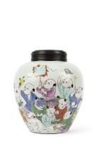 A FAMILLE ROSE ‘CHILDREN CELEBRATING THE SPRING FESTIVAL’ GINGER POT, WITH WOODEN LID China,