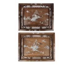 A RARE PAIR OF MOTHER OF PEARL INLAID ‘LANDSCAPE’ WOODEN PANELS Vietnam, Tonkin, Nam Dinh,