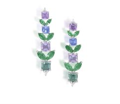 A Pair of sapphire, diamond and emerald drop earrings Each earring of stylised foliate design,