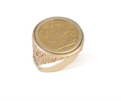 A Gold sovereign ring The George V sovereign gold coin, dated 1913, with textured mount,