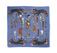 ‘A Propos de Bottes’ SILK SCARF, BY HERMES, riding boots on blue background, 100% silk,